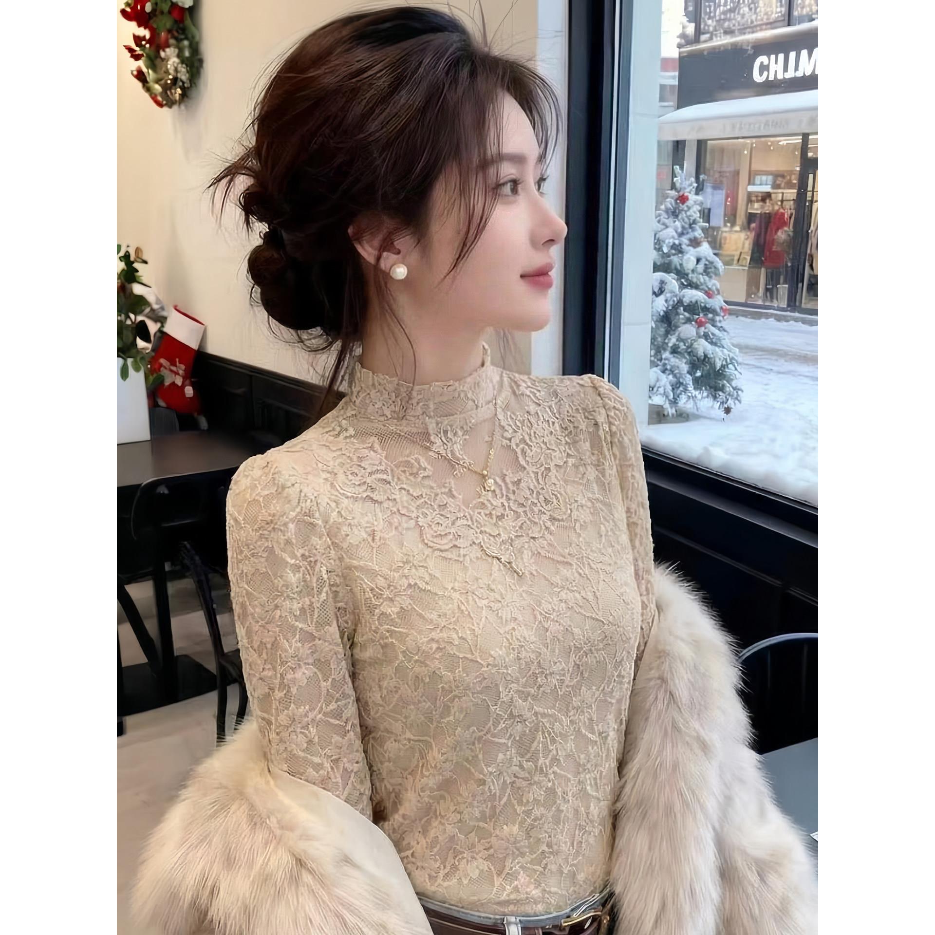 小香风网纱拼接半高领长袖蕾丝衫女春秋新款洋气修身显瘦打底上衣
