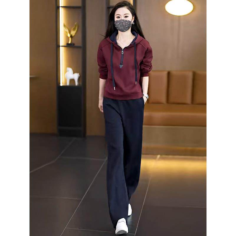 时尚休闲运动套装女2026春季新款撞色连帽半拉链卫衣显瘦两件套潮