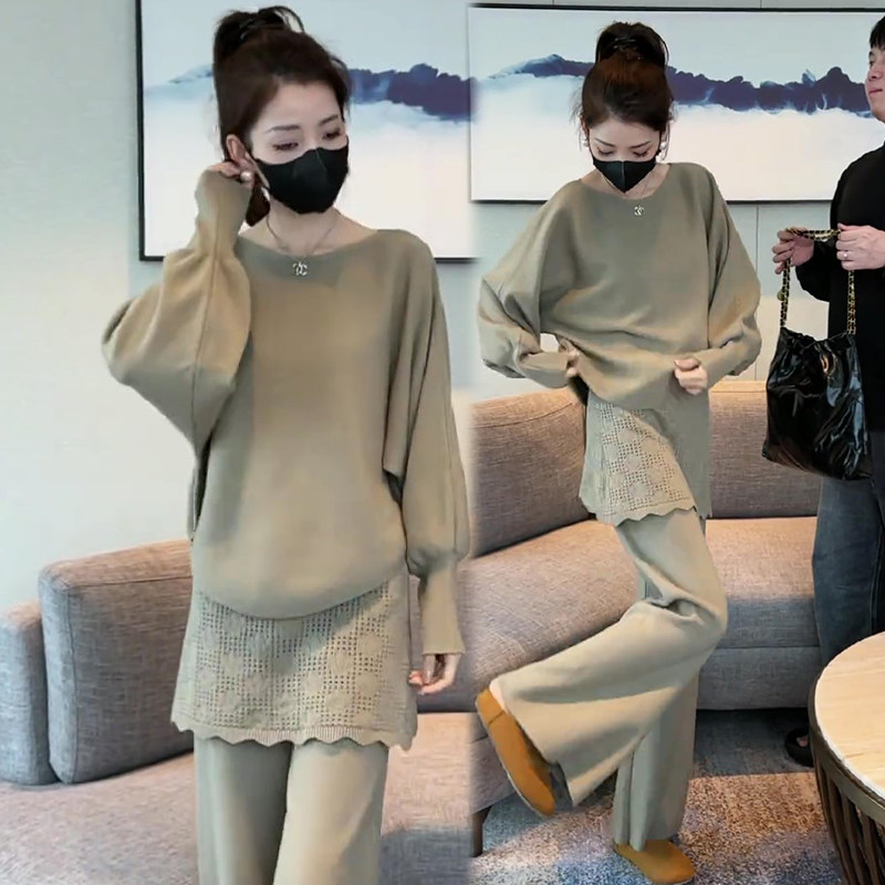 爆款针织衫两件套装女时尚慵懒毛衣蝙蝠屁帘半裙假两件阔腿裤显瘦