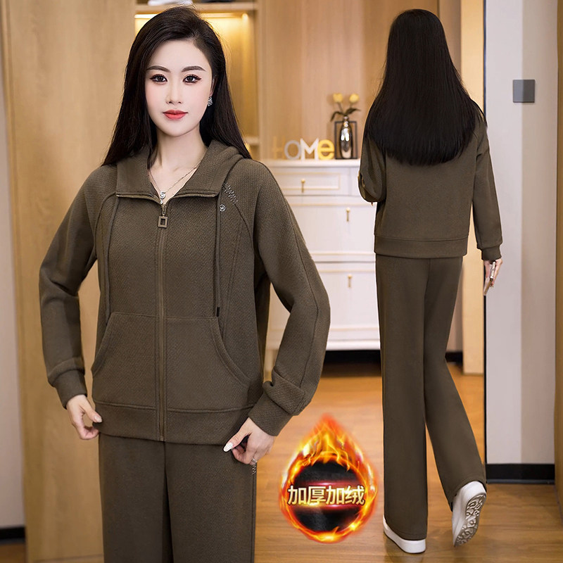时尚仿羊绒休闲套装秋冬加绒高端穿搭一整套运动服妈妈装两件套潮