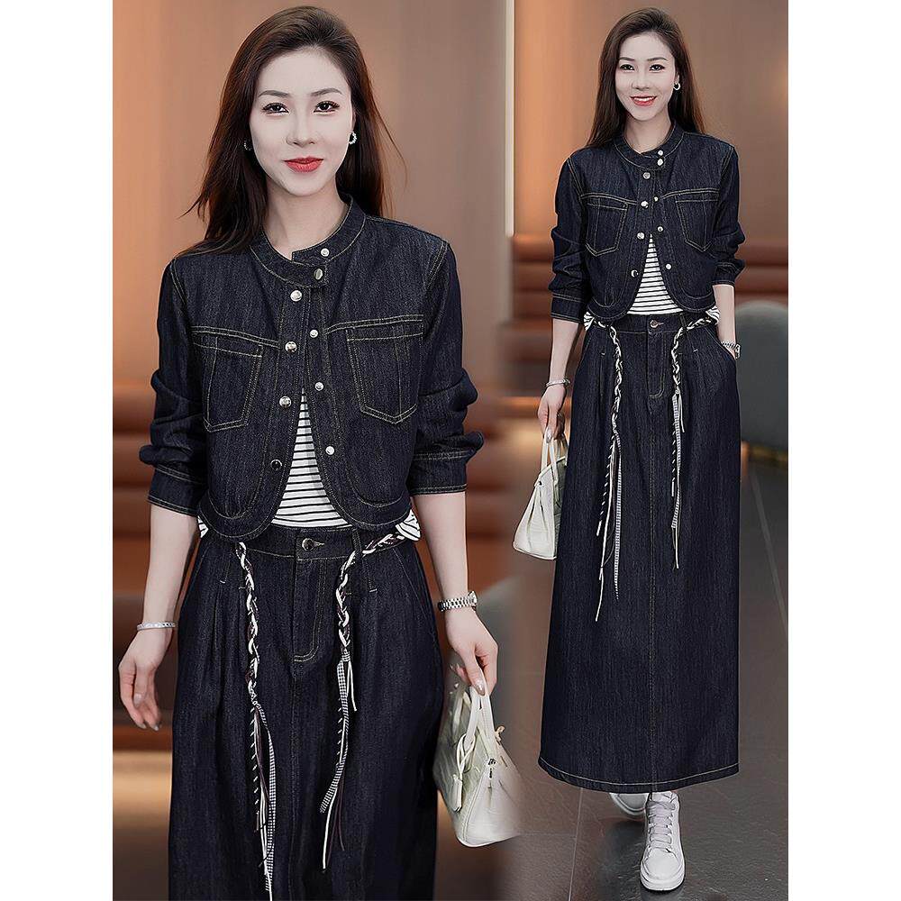 时尚牛仔套装裙女2026春季新款洋气短款外套条纹背心半身裙三件套