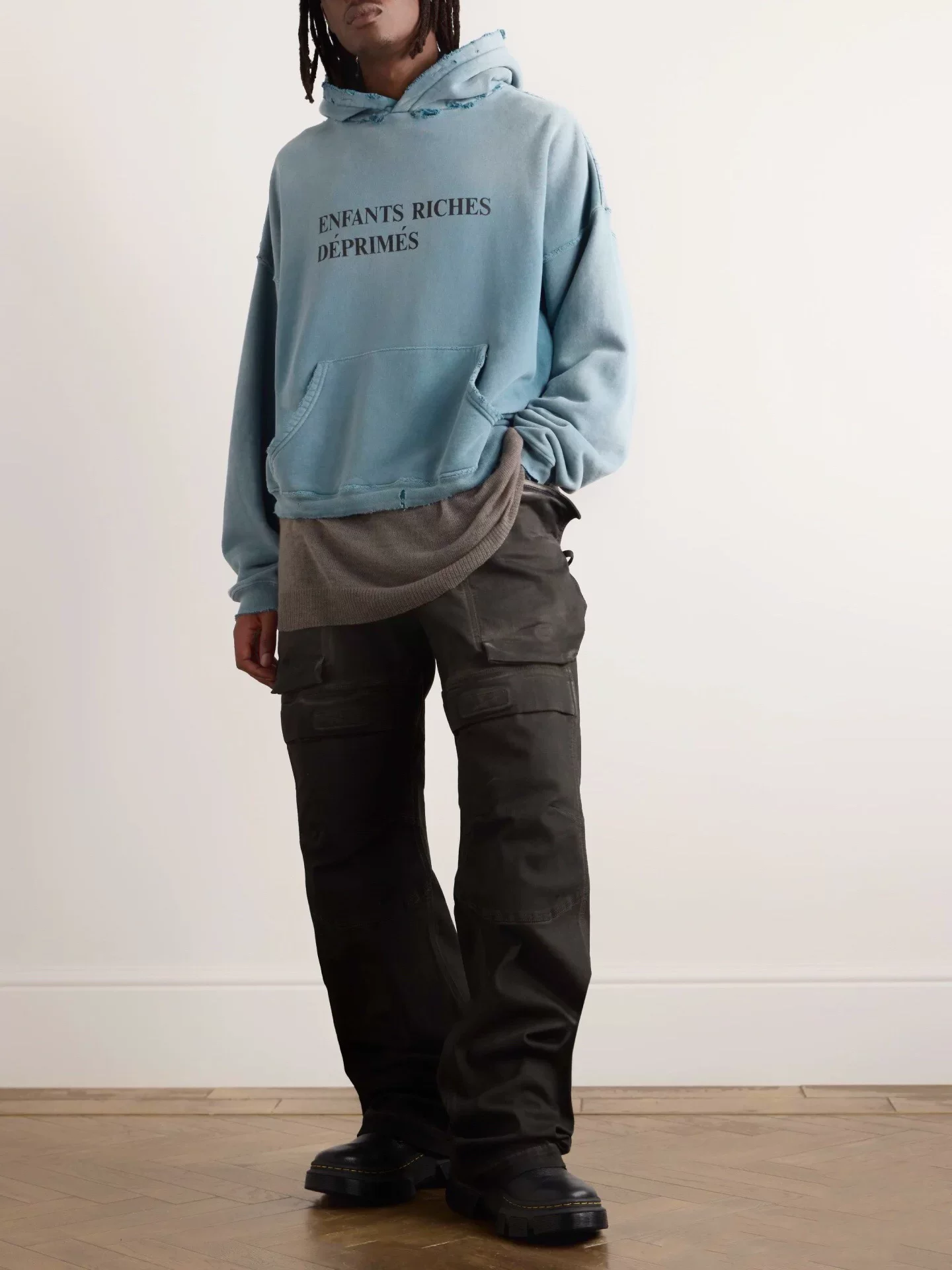 [Enfants Riches Deprimes新款ERD做旧破坏水洗虫洞连帽衫短宽卫衣]