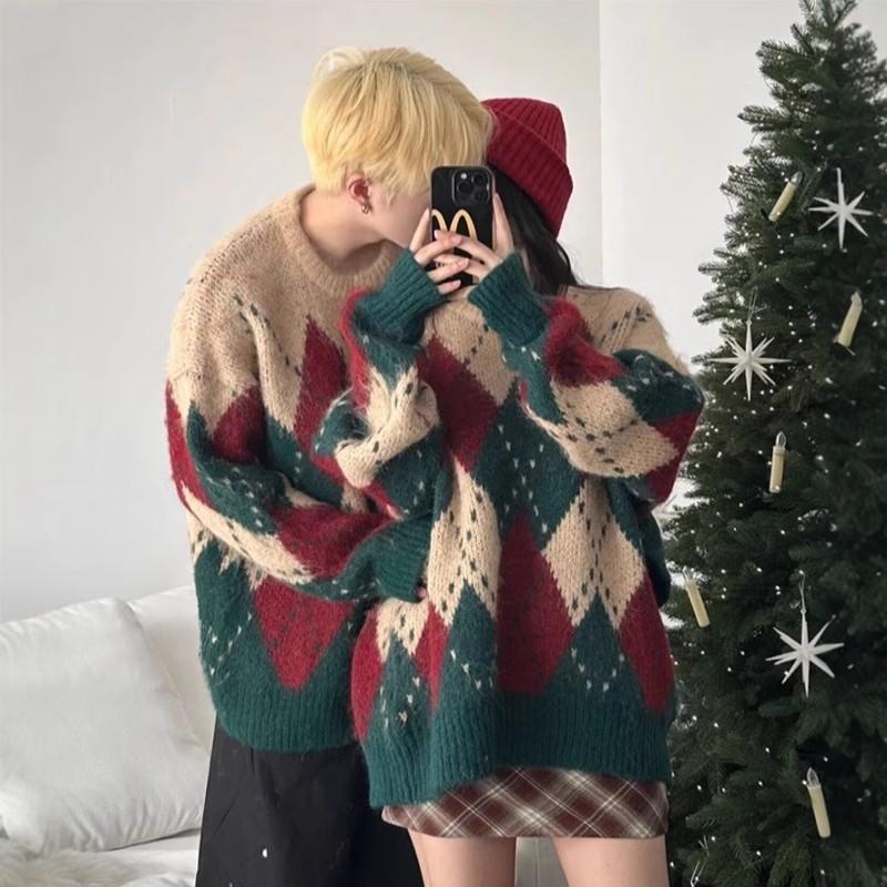加厚圣诞撞色美式复古针织衫外套