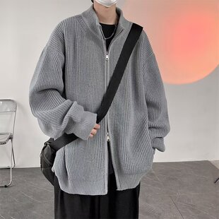 黑色拉链开衫毛衣男秋冬款半高领潮流针织衫美式风痞帅保暖外套