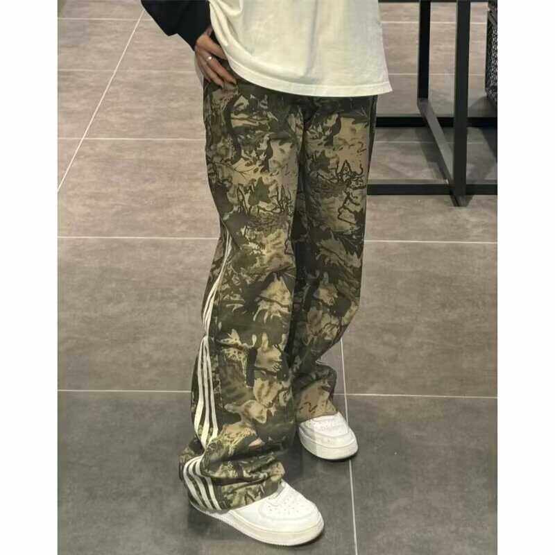 hiphop美式复古直筒工装裤三杠
