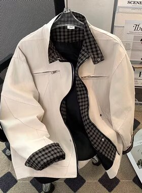 黑色美式复古拼接格子哈灵顿夹克男款秋季高级感情侣立领工装外套