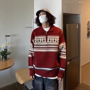 费尔岛半拉链polo领针织衫红色本命年毛衣男冬季韩版潮流线衣外套