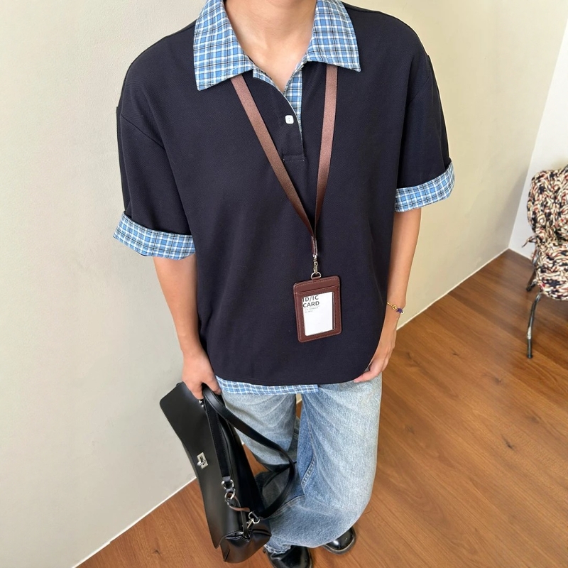 藏蓝色假两件拼接格子短袖男款夏季正肩POLO衫cleanfit衬衫领T恤