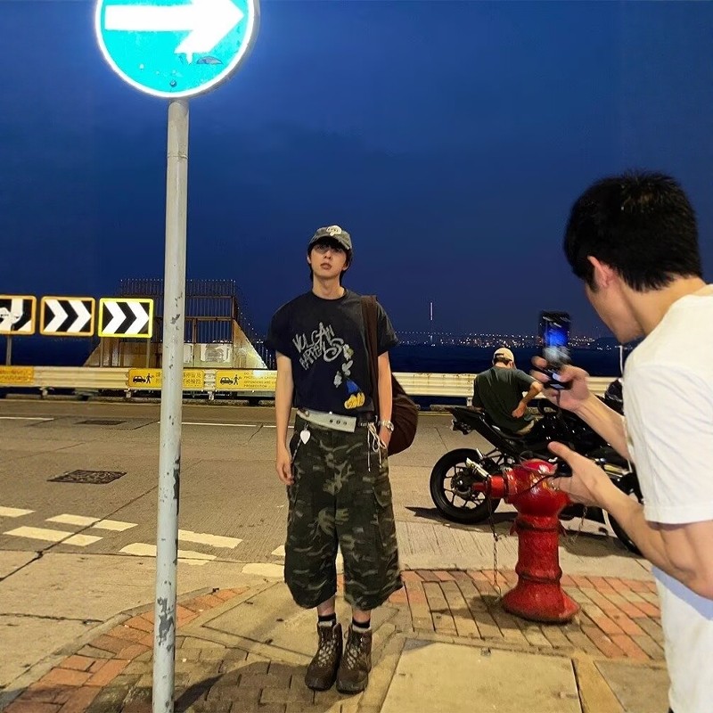 美式复古迷彩七分裤男款夏季直筒阔腿短裤高个子多口袋牛仔工装裤