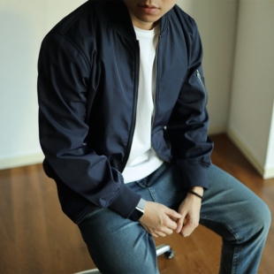 藏蓝色短款cleanfit外套男秋季美式复古潮牌工装飞行员夹克棒球服