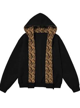 黑色豹纹拼接开衫卫衣男秋冬美式痞帅高级感外套重磅连帽拉链夹克