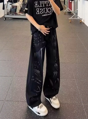 白色脏染涂鸦弯刀牛仔裤男小众设计感美式高街痞帅裤子宽松阔腿裤