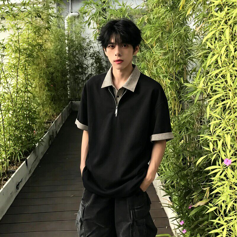 美式千鸟格拼接Polo衫短袖男款夏