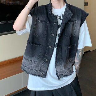 水洗渐变牛仔马甲男款叠穿背心做旧毛边坎肩美式高街无袖工装外套