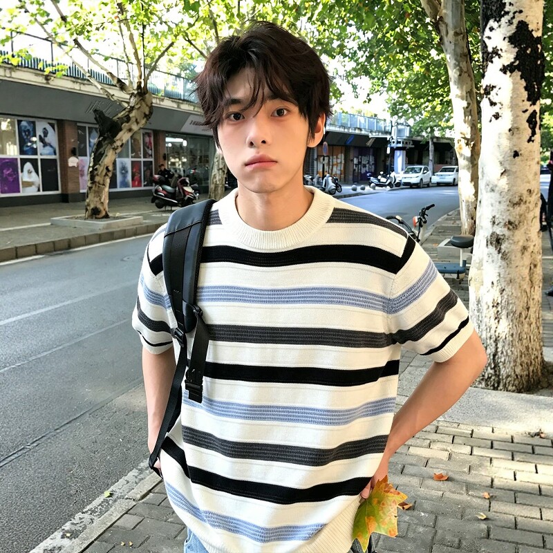 撞色条纹镂空针织短袖百搭男款