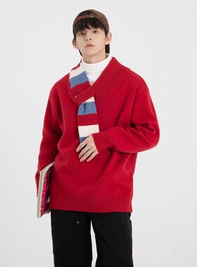 红色圣诞套头毛衣男女秋冬新款本命年穿搭针织衫围脖设计拼接卫衣