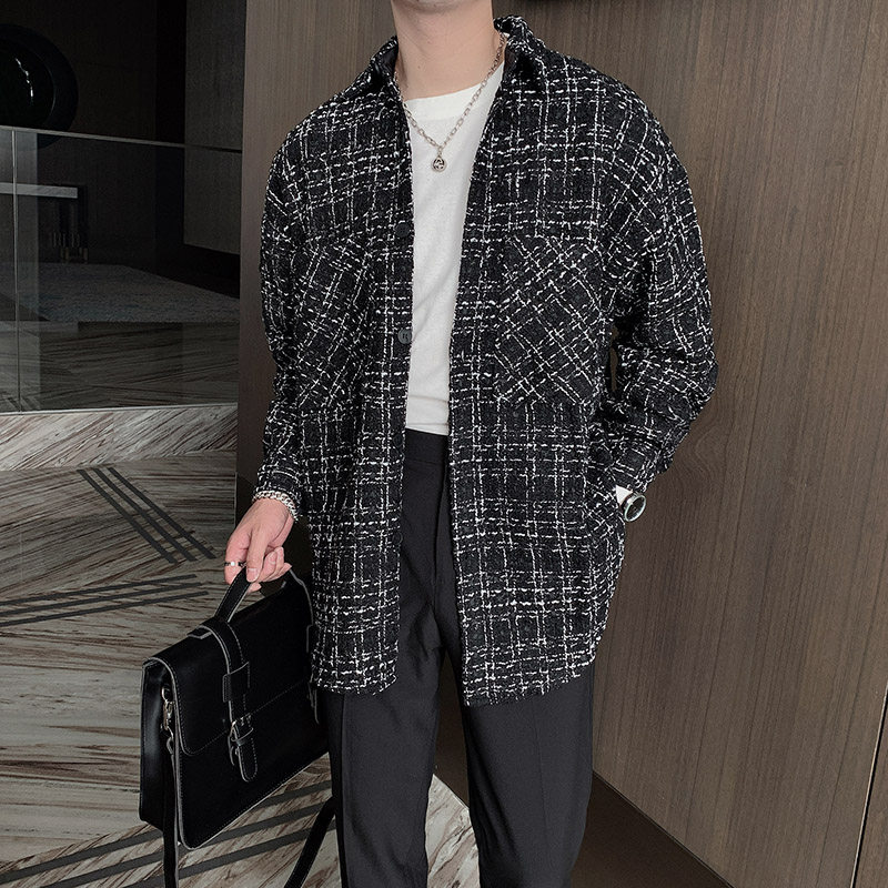 小香风外套男黑白色格子衬衫高级感美式高街休闲潮牌春秋款夹克男