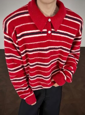 红色条纹polo领针织衫男款冬季美式慵懒老钱风毛衣翻领内搭打底衫