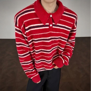 红色条纹polo领针织衫男款冬季美式慵懒老钱风毛衣翻领内搭打底衫