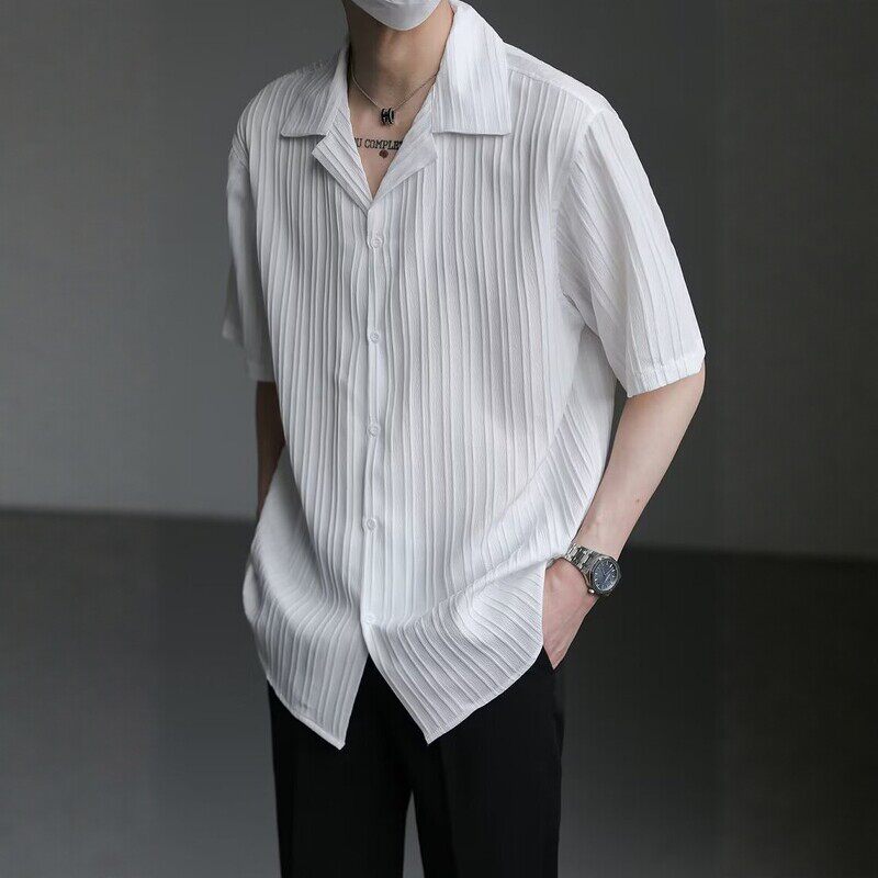 休闲风古巴领竖条纹翻领短袖衬衫