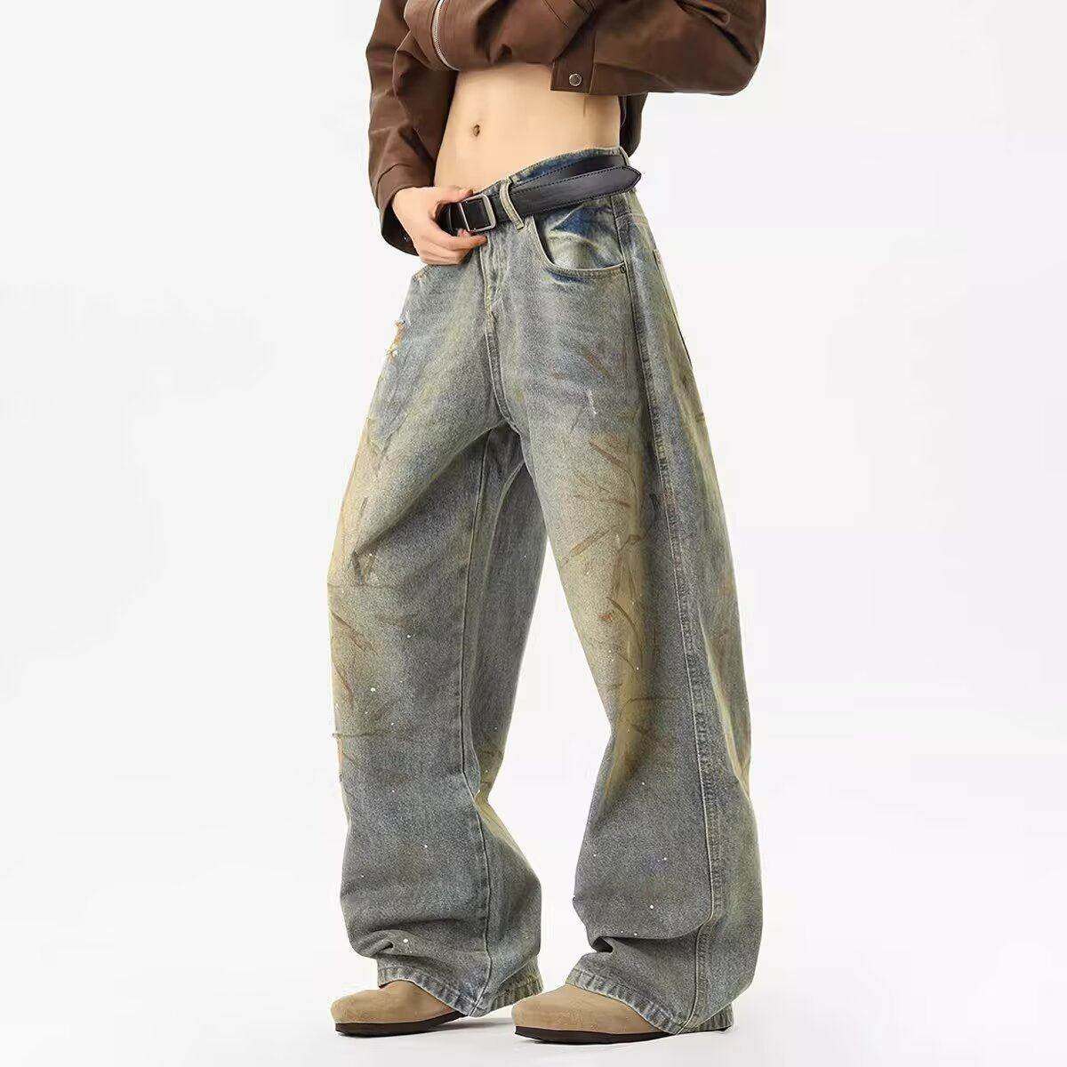 美式复古水洗泼墨弯刀牛仔裤男冬cleanfit直筒阔腿微喇拖地裤