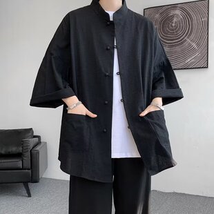 新中式男装亚麻短袖衬衫男夏季民国风汉服长衫外套中山装唐装马褂