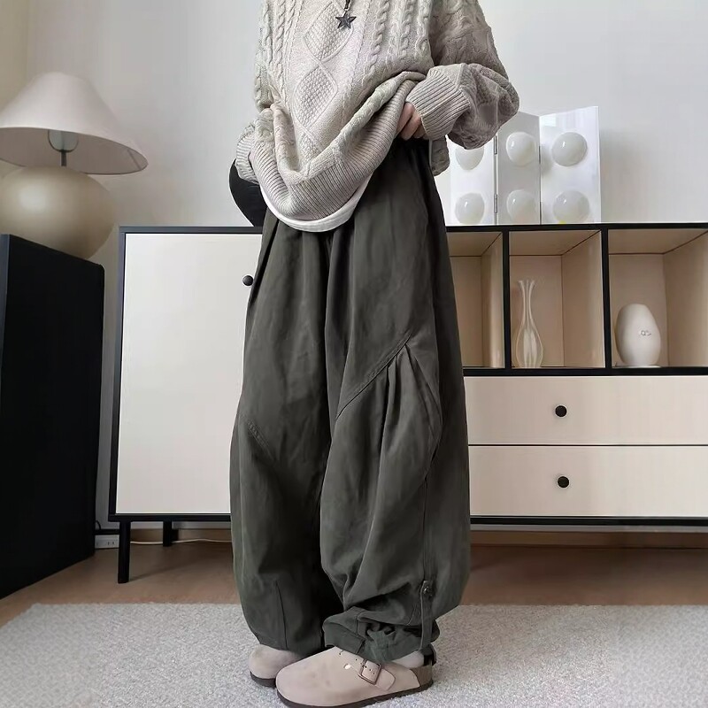 日系穿搭宽松阔腿纯色松紧腰工装裤男女款春秋季美式复古休闲裤子