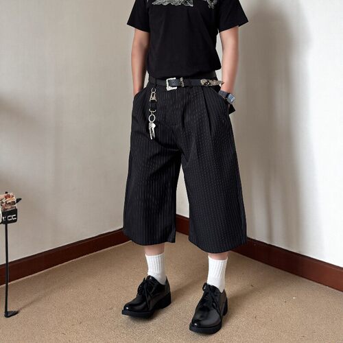 老钱廓形美式条纹休闲七分西裤男