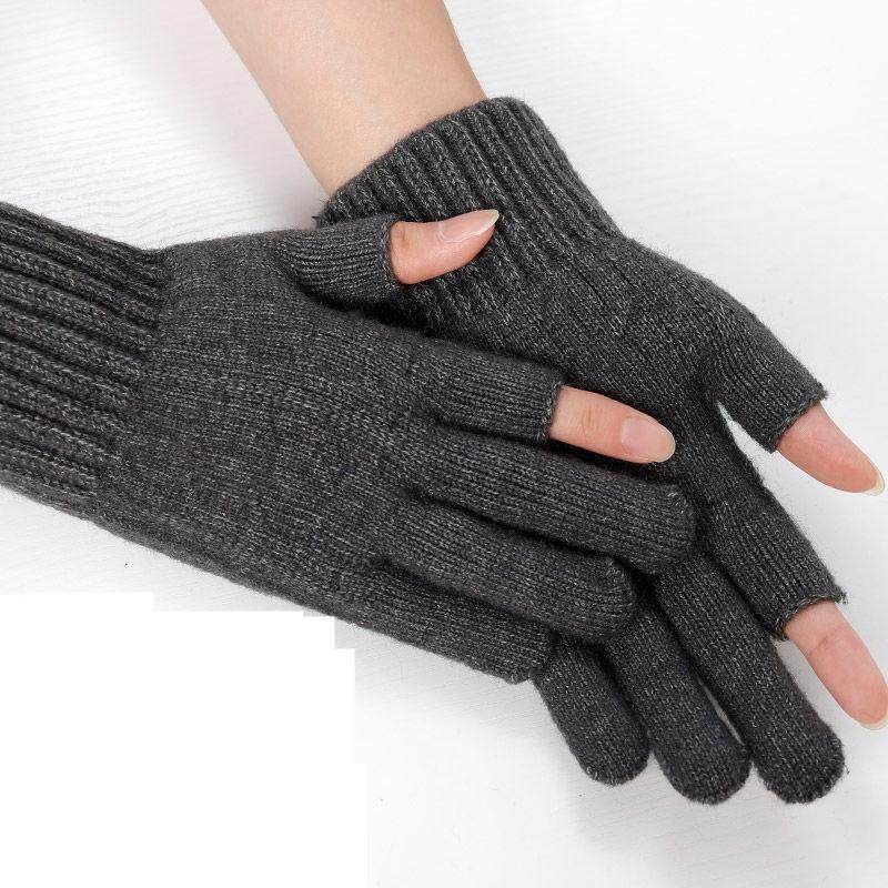 二指针织手套男士女秋冬季保暖毛线骑行露指触屏学生写字半指漏指
