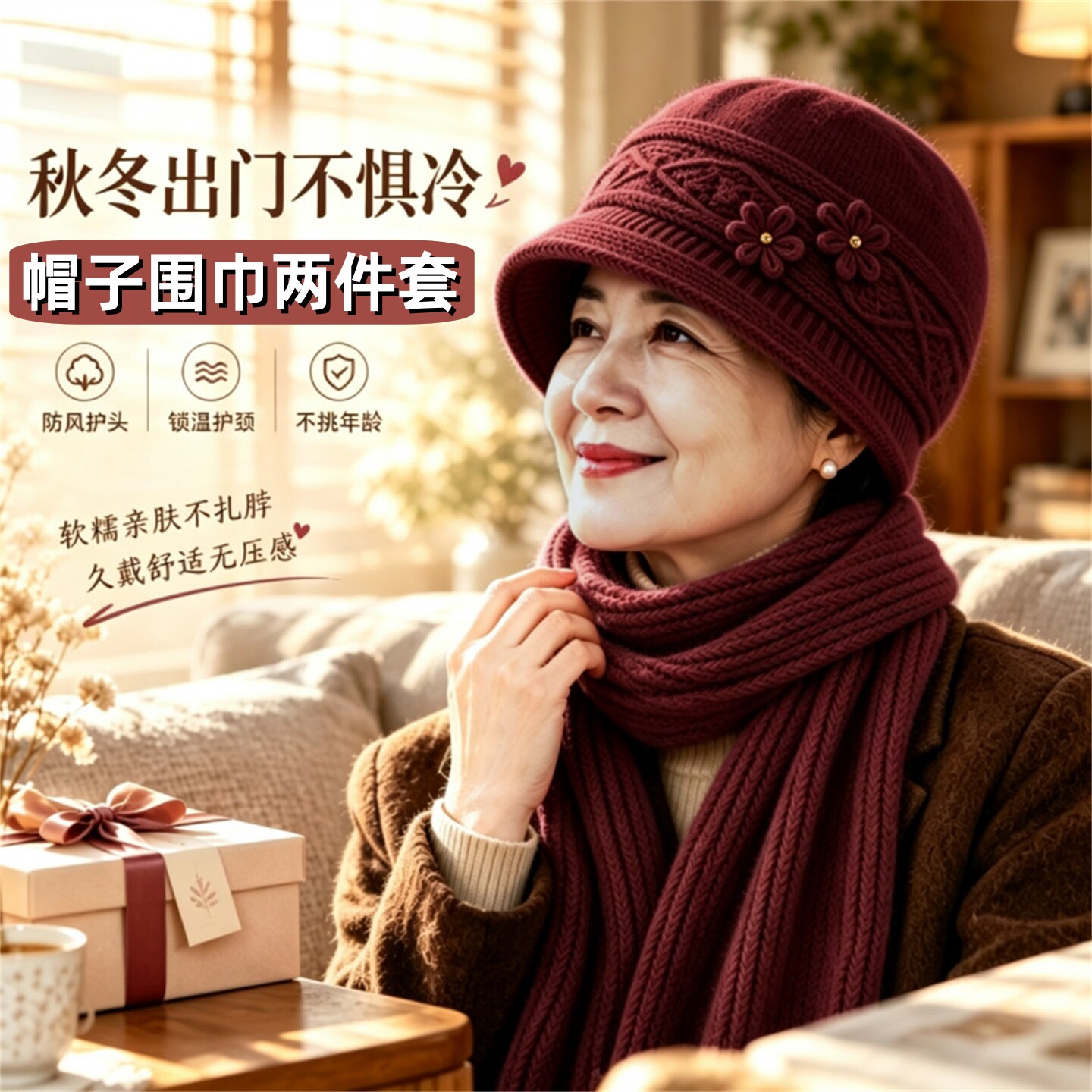 中老年女士针织毛线帽子围巾两件套秋冬季加厚保暖防风老人妈妈帽
