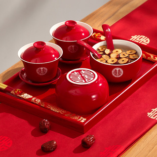 婚礼改口一对喜字红色杯子囍茶具婚庆用品 喜茶敬茶杯结婚专用套装