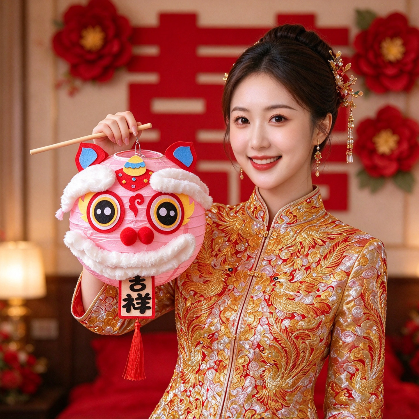 新中式订婚醒狮手持拍照道具