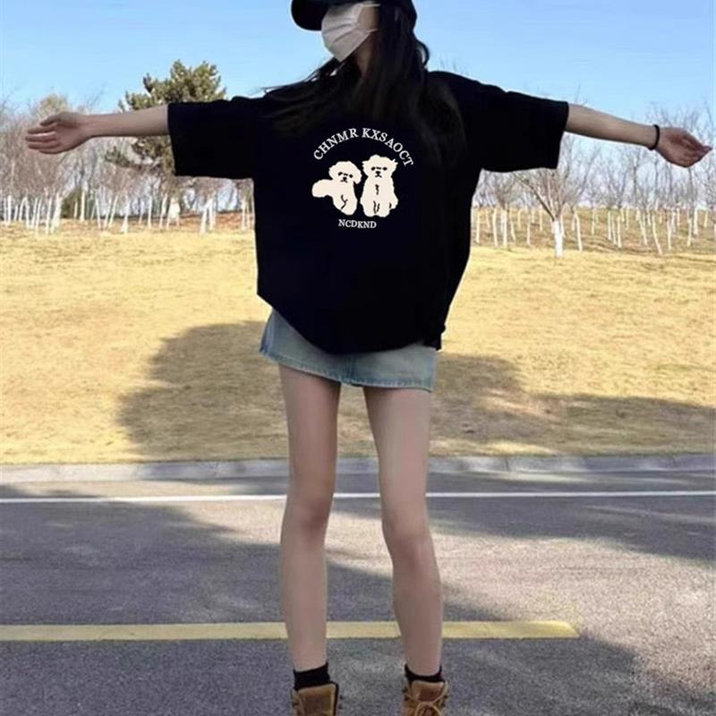 黑色纯棉短袖T恤女夏季2025新款美式高街宽松oversize半袖上衣服