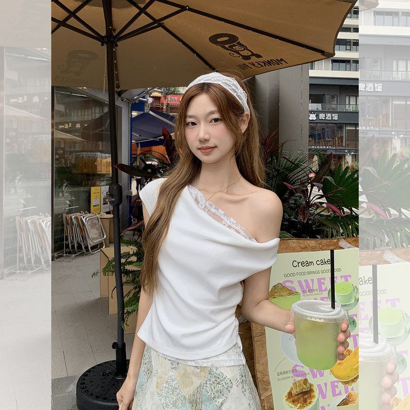 实拍 2025韩系纯欲白色蕾丝拼接斜肩短袖T恤女夏季新款收腰小上衣