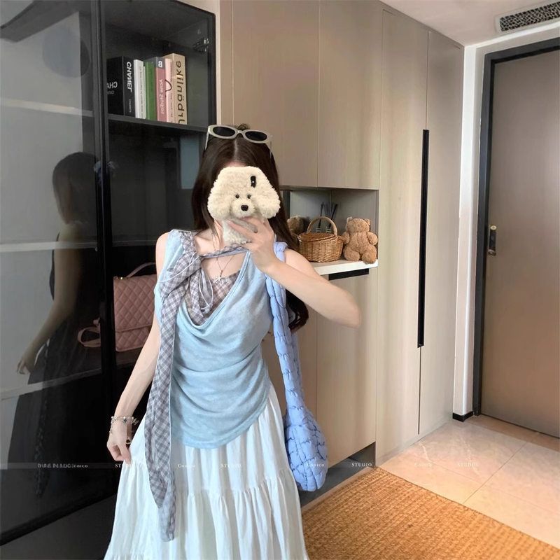 工厂直销 假两件蓝色格子荡领T恤女装夏无袖设计感小众露肩上衣