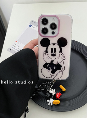 hello studio双层紫色线条米老鼠挂绳手机壳适用13苹果15promax新款iPhone14PRO全包15保护套12米奇双层壳