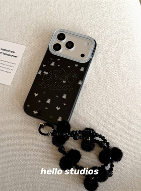 hello studios黑色闪粉小熊挂绳手机壳适用苹果17promax新款iPhone16PRo/14pro壳15/17pro