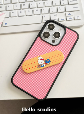 hello studios可爱撞色Kitty创可贴支架手机壳适用13苹果16promax新款iPhone15PRo/14pro黑边壳
