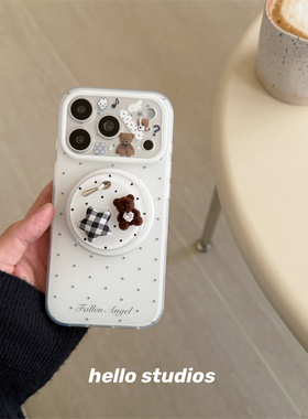 hello studios可爱立体波点小熊磁吸支架手机壳适用苹果17promax新款iPhone16PRo/14pro壳15/17pro
