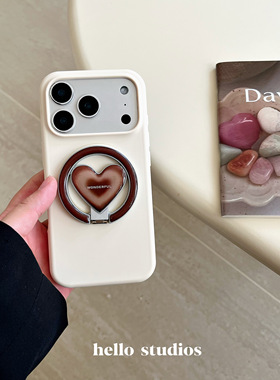 hello studios韩系奶白秋冬爱心磁吸支架手机壳适用苹果17promax新款iPhone16PRo/14pro液态硅胶壳15/13