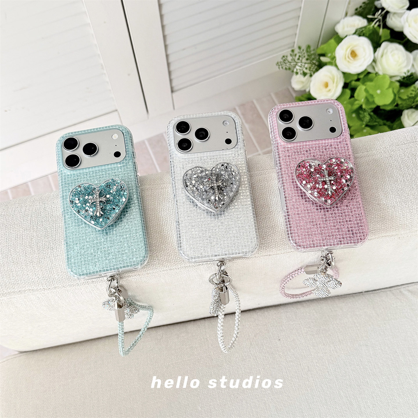 hello studios高级ins镭射格纹爱心支架手机壳适用苹果17promax新款iPhone16PRomax壳15pro/17pro