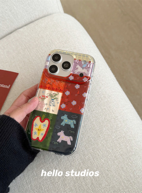 hello studios复古红色拼接小马双层手机壳适用苹果17promax新款iPhone16PRo/14pro壳15/17pro