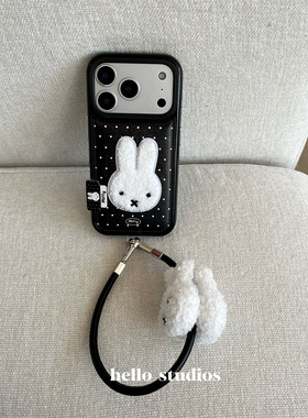 hello studios韩系可爱波点米菲挂绳手机壳适用苹果17promax新款iPhone16PRo/14pro皮质壳15/13