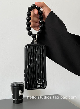 高级感黑色水波纹链条手机壳适用iPhone14pro苹果13/12/11华为P40