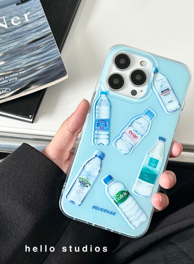 hello studios小众奶蓝色矿泉水双层印花手机壳适用苹果14promax新款iPhone13pro全包13硬12防摔11