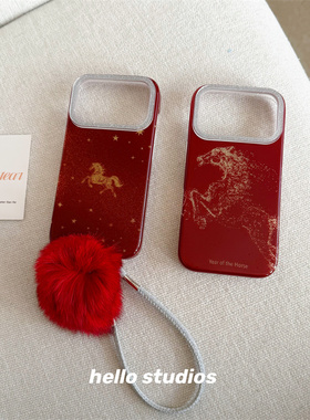 hello studios新年马年红色细闪挂绳手机壳适用苹果17promax新款iPhone16PRo/14pro壳15/17pro