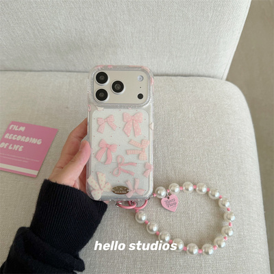 低饱和粉色蝴蝶结挂绳手机壳