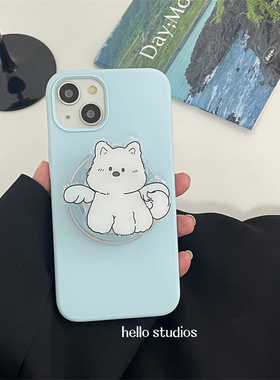 hello studios简约蓝色翅膀小狗磁吸支架手机壳适用13苹果16promax新款iPhone14PRO保护套15全包12液态硅胶11