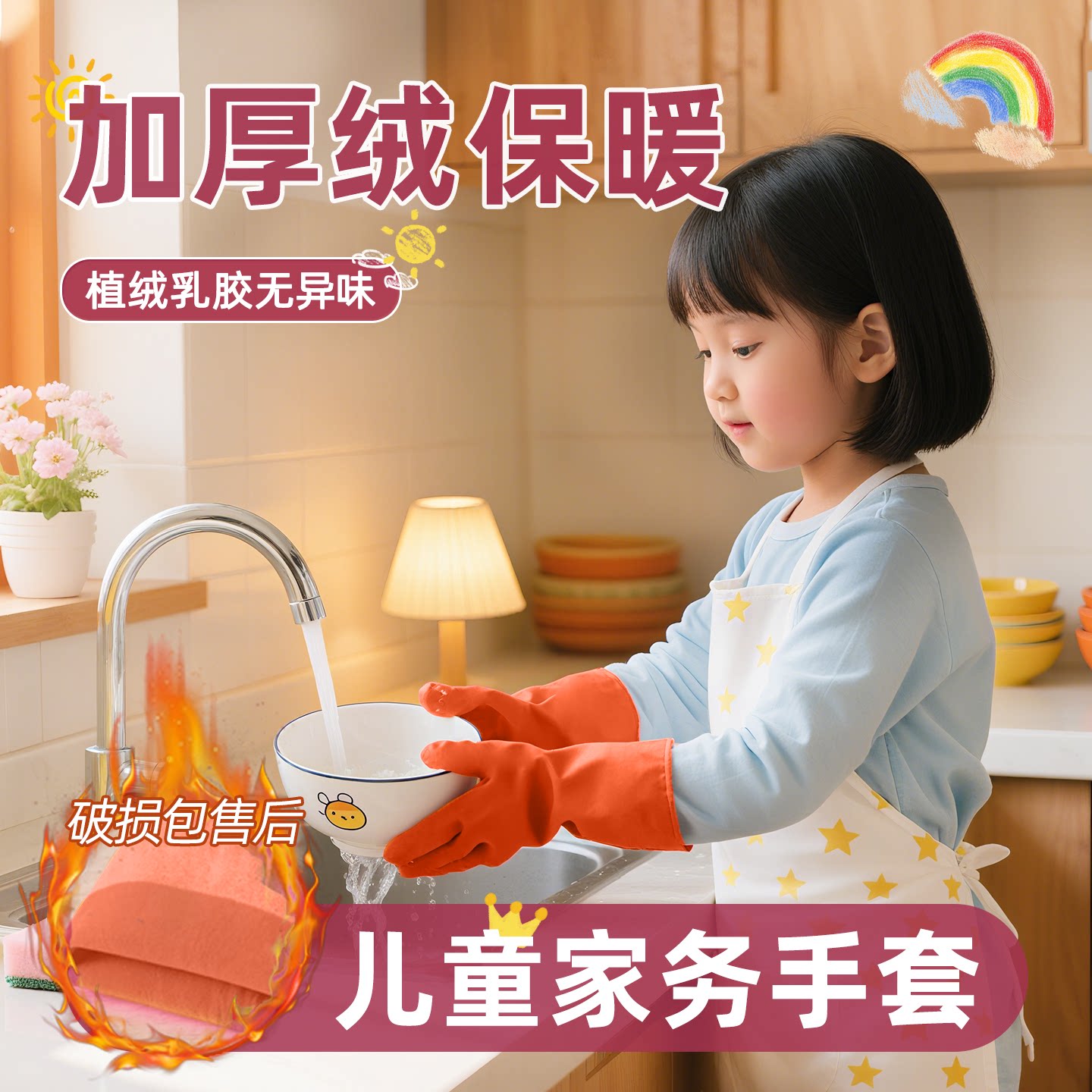 儿童洗碗手套加厚一体植绒洗碗做家务劳动小孩洗衣服防水冬季加绒