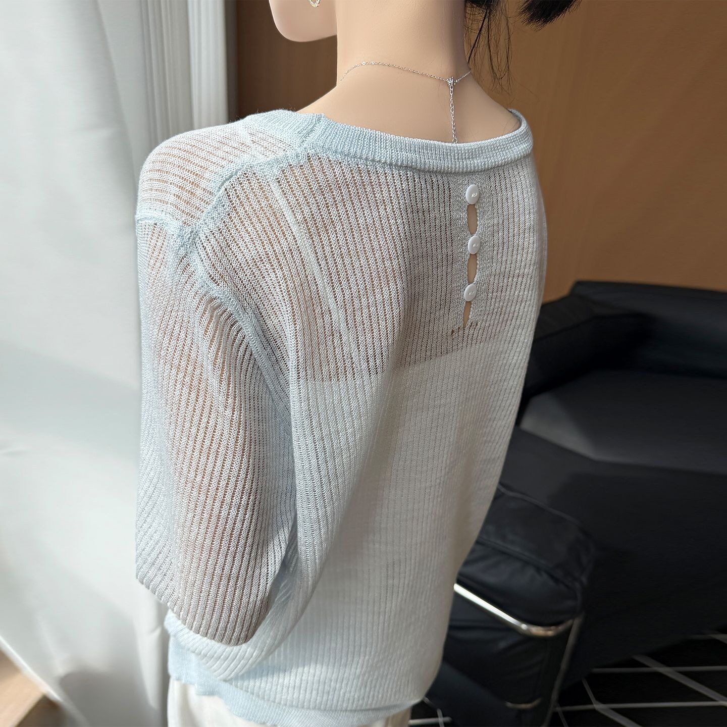 圆领竹节麻罩衫女夏季薄款长袖镂空上衣宽松显瘦慵懒风空调衫